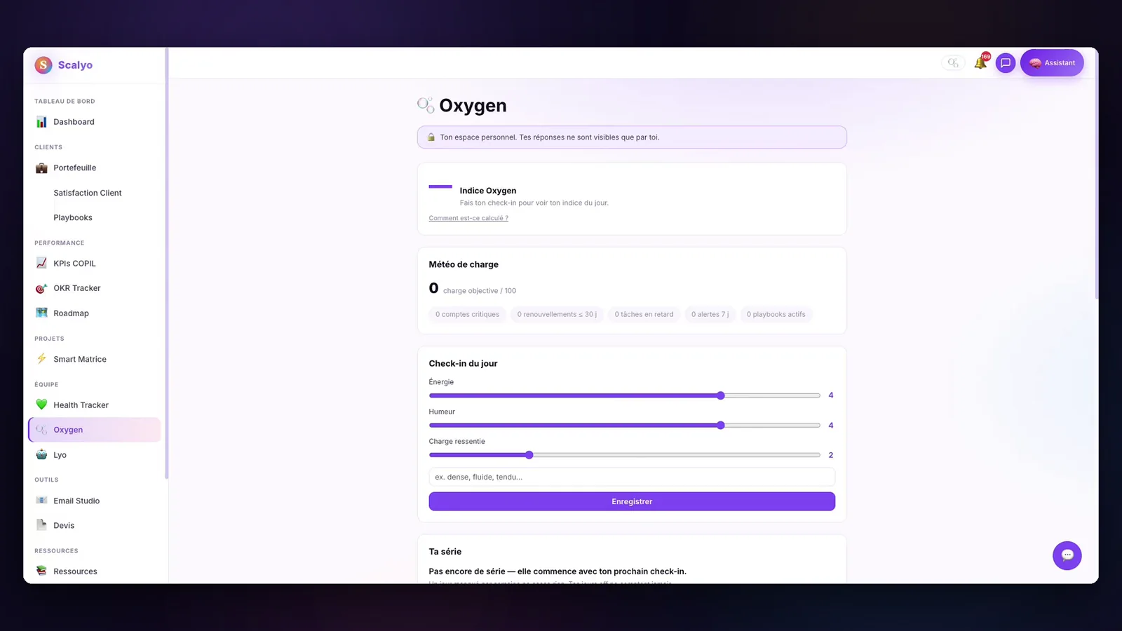 Oxygen, le module de suivi du bien-être des CSM dans Scalyo : indice, météo de charge et check-in