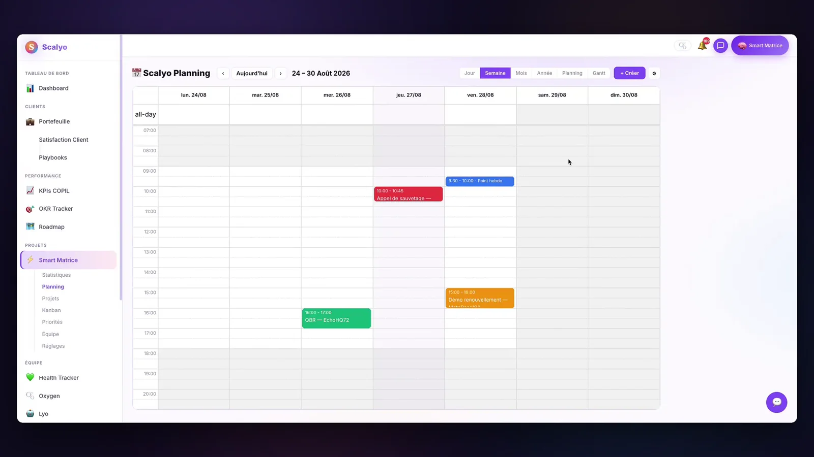 Planning hebdomadaire Scalyo avec appels de sauvetage, QBR et démos de renouvellement